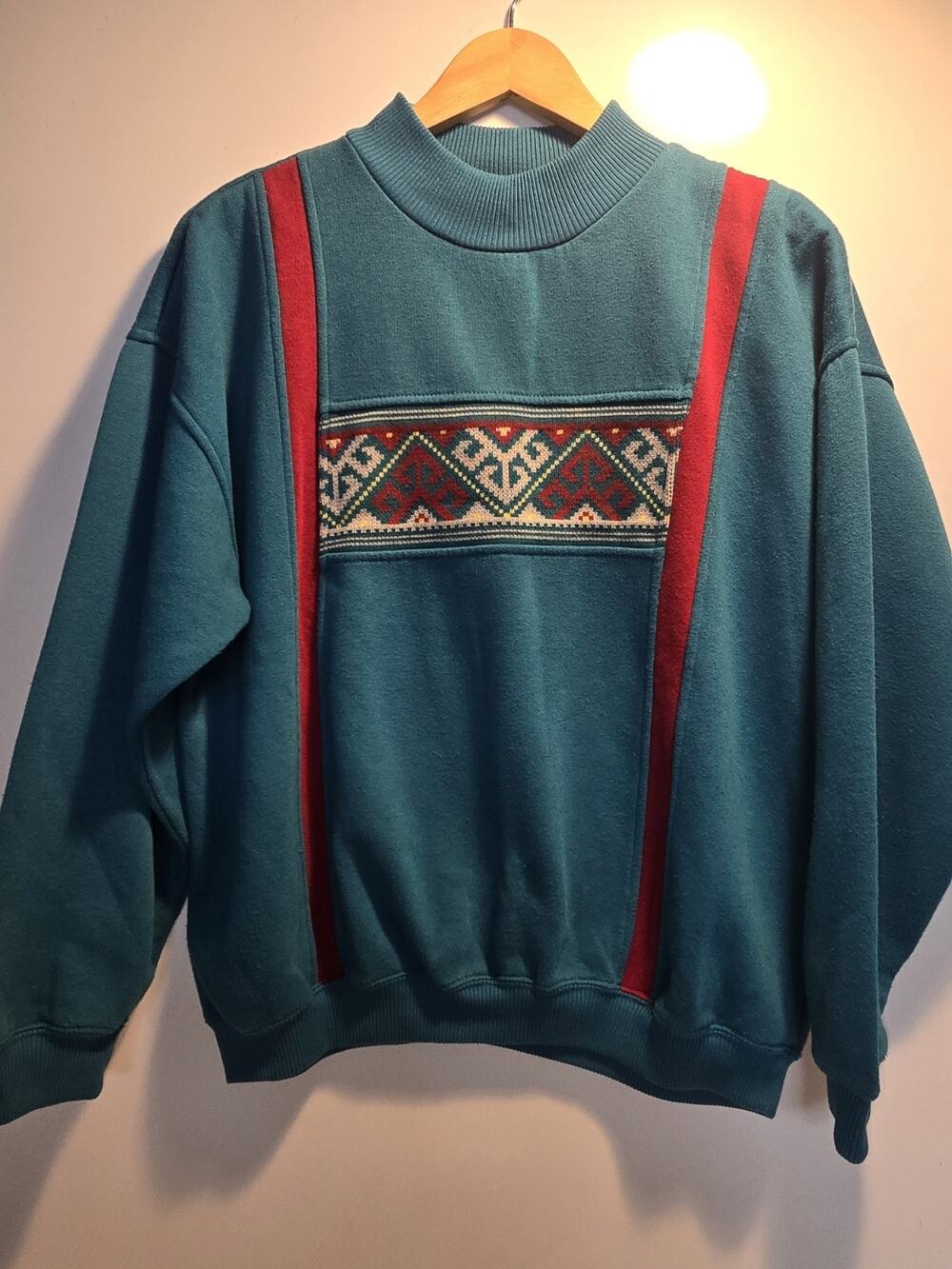 Vintage American Sportif Women's Sweatshirt Size L Aqua/tribal mock neck retro